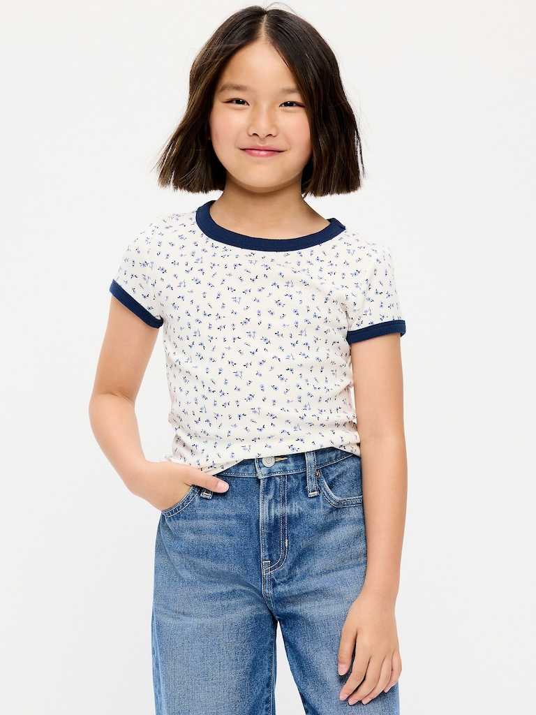 T-shirt ajusté côtelé à bords contrastants à manches courtes pour fille