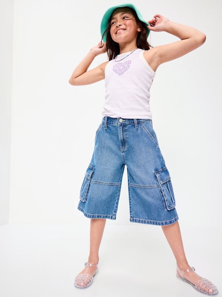 Short cargo en denim coupe très généreuse à taille mi-basse pour fille