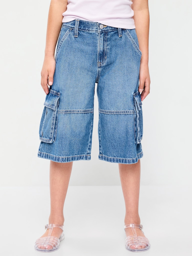 Short cargo en denim coupe très généreuse à taille mi-basse pour fille