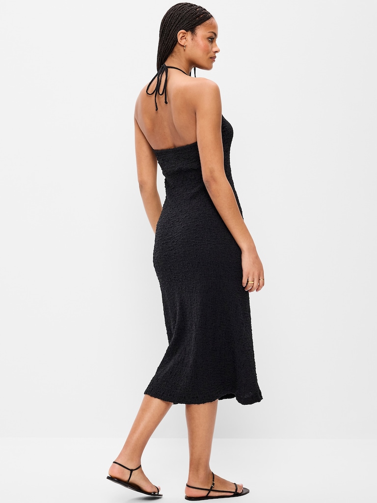 Beaded Halter-Neck Textured Midi Dress