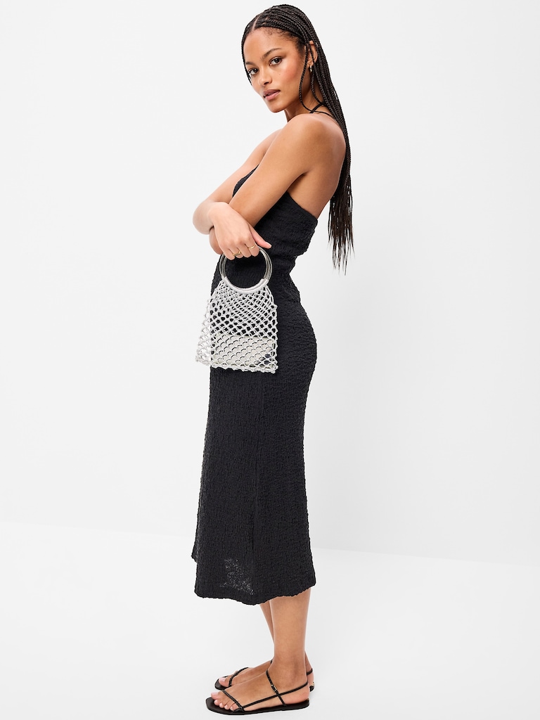 Beaded Halter-Neck Textured Midi Dress