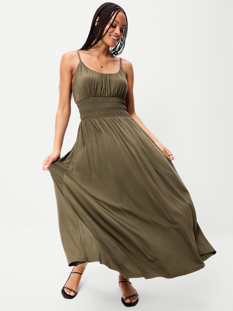 Fit & Flare Jersey Smocked-Waist Midi Dress