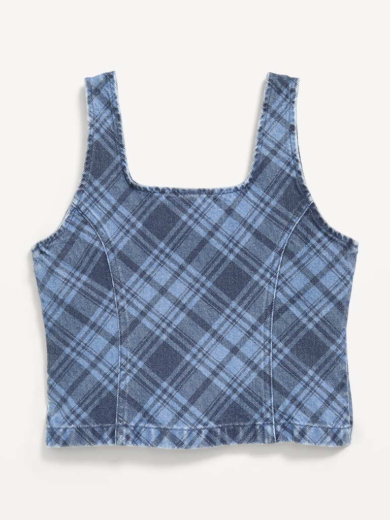 Button-Front Plaid Denim Tank Top for Girls