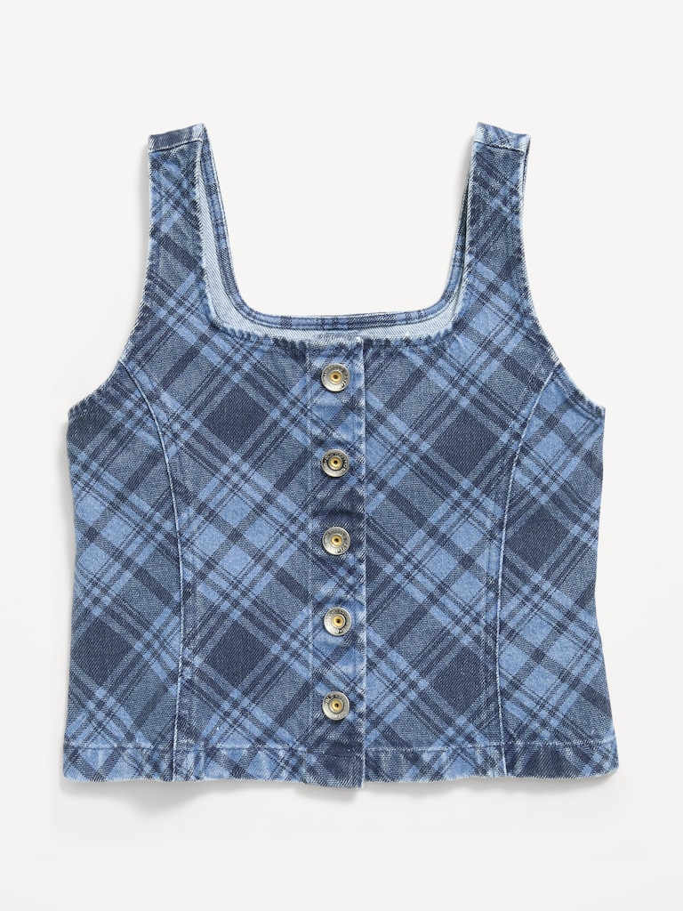 Button-Front Plaid Denim Tank Top for Girls
