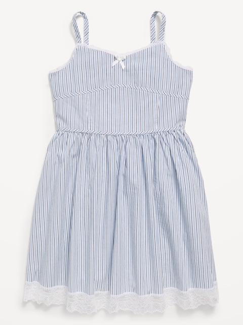 Sleeveless Fit and Flare Striped Lace-Trim Dress for Girls