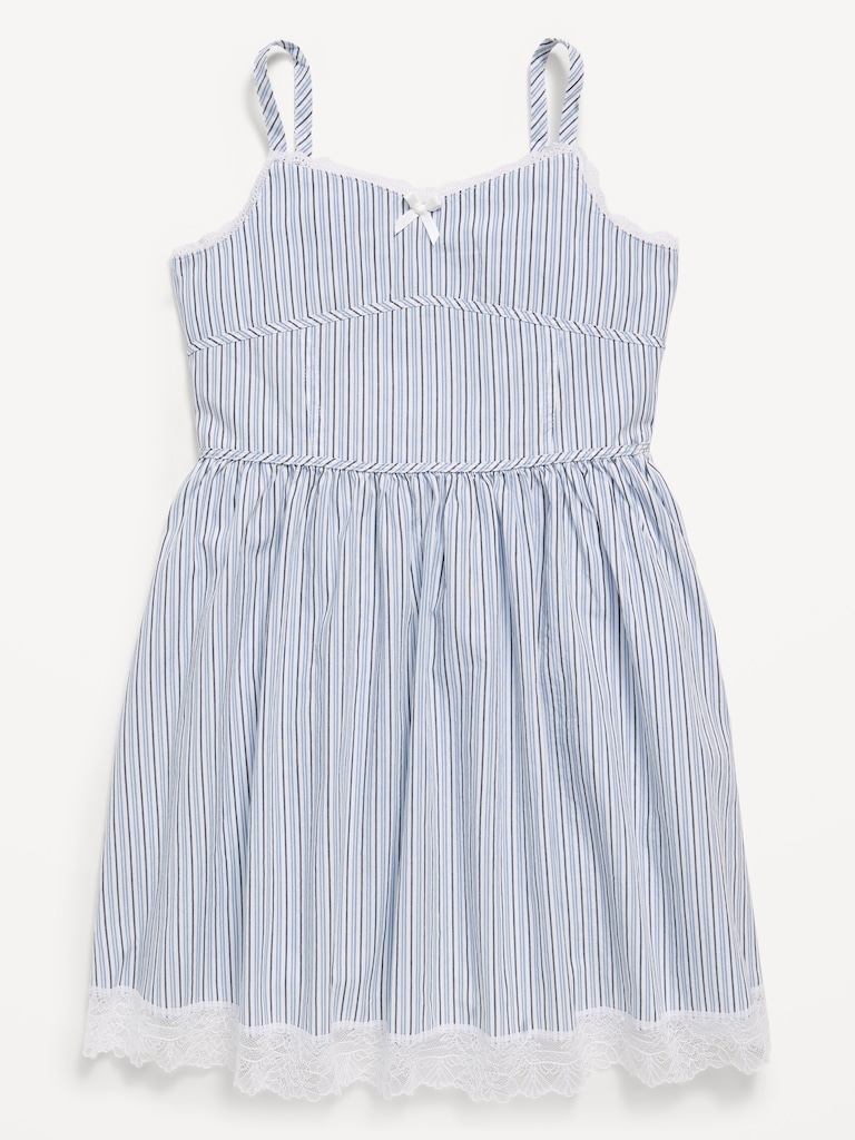 Sleeveless Fit and Flare Striped Lace-Trim Dress for Girls