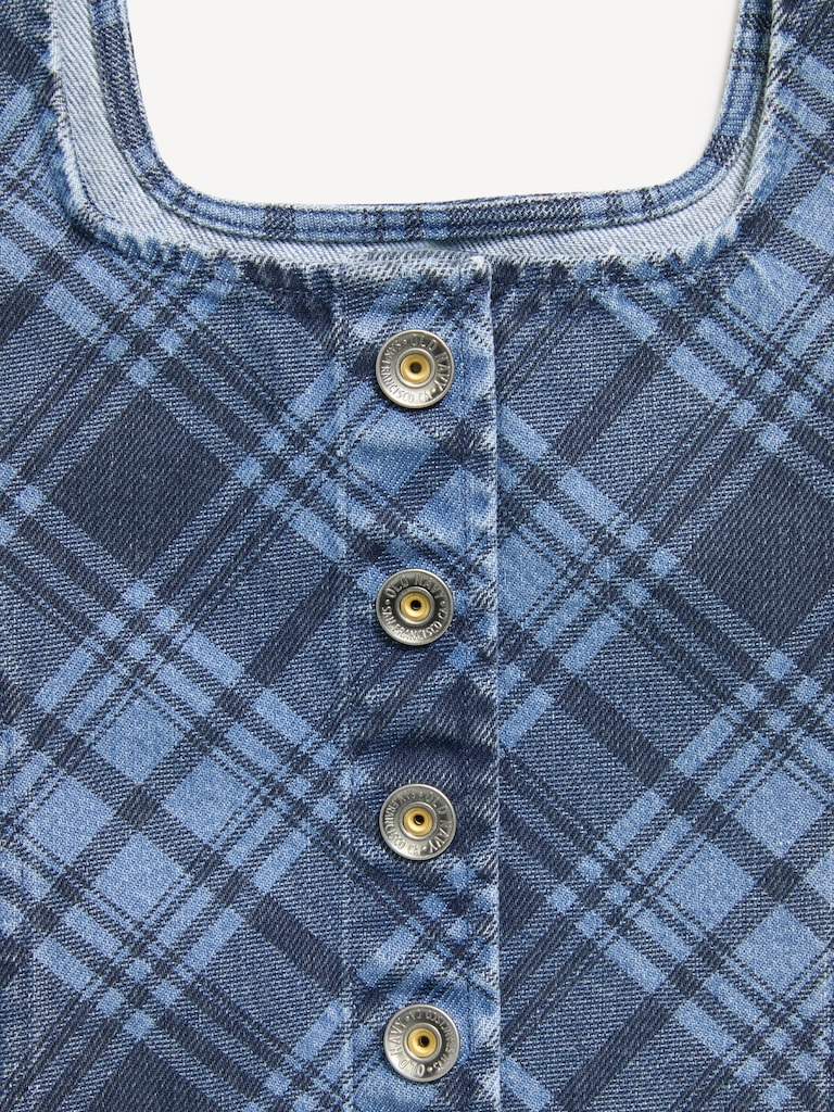 Button-Front Plaid Denim Tank Top for Girls