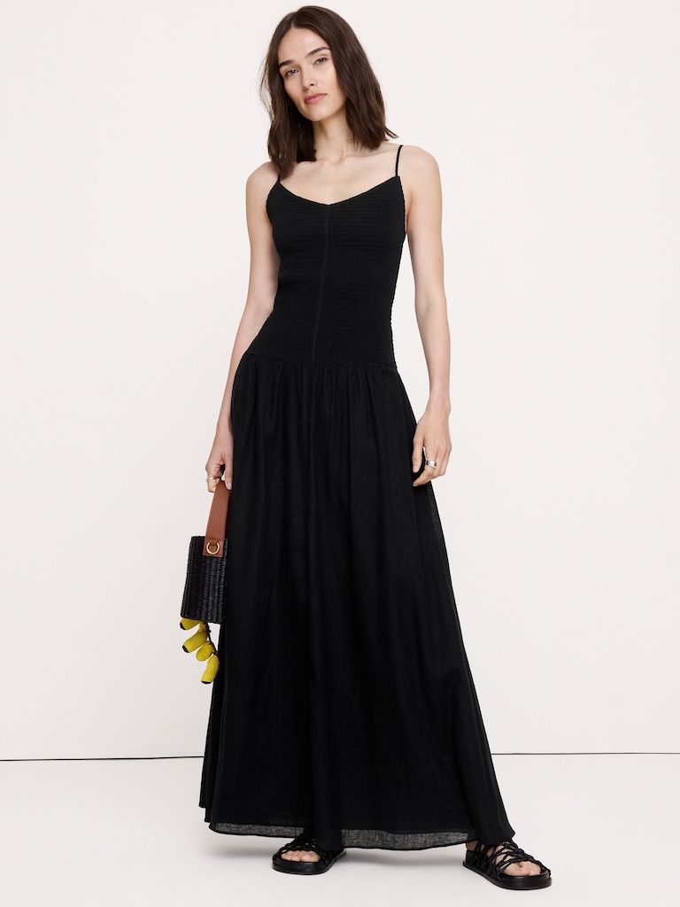 Robe longue en voile de lin et coton à smocks