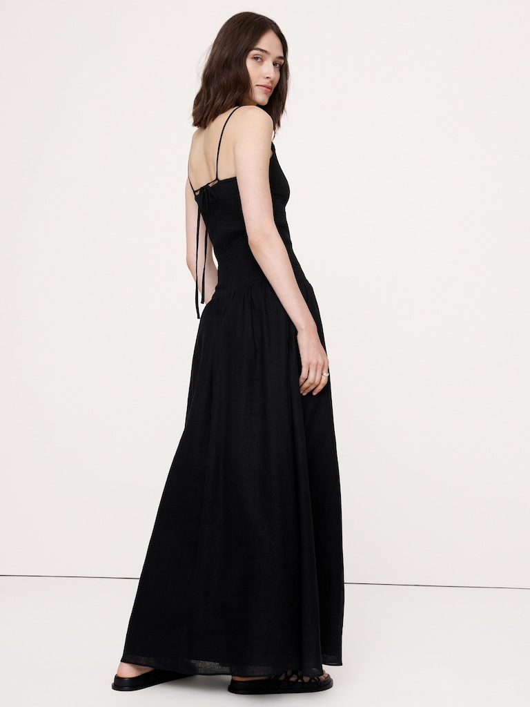 Robe longue en voile de lin et coton à smocks
