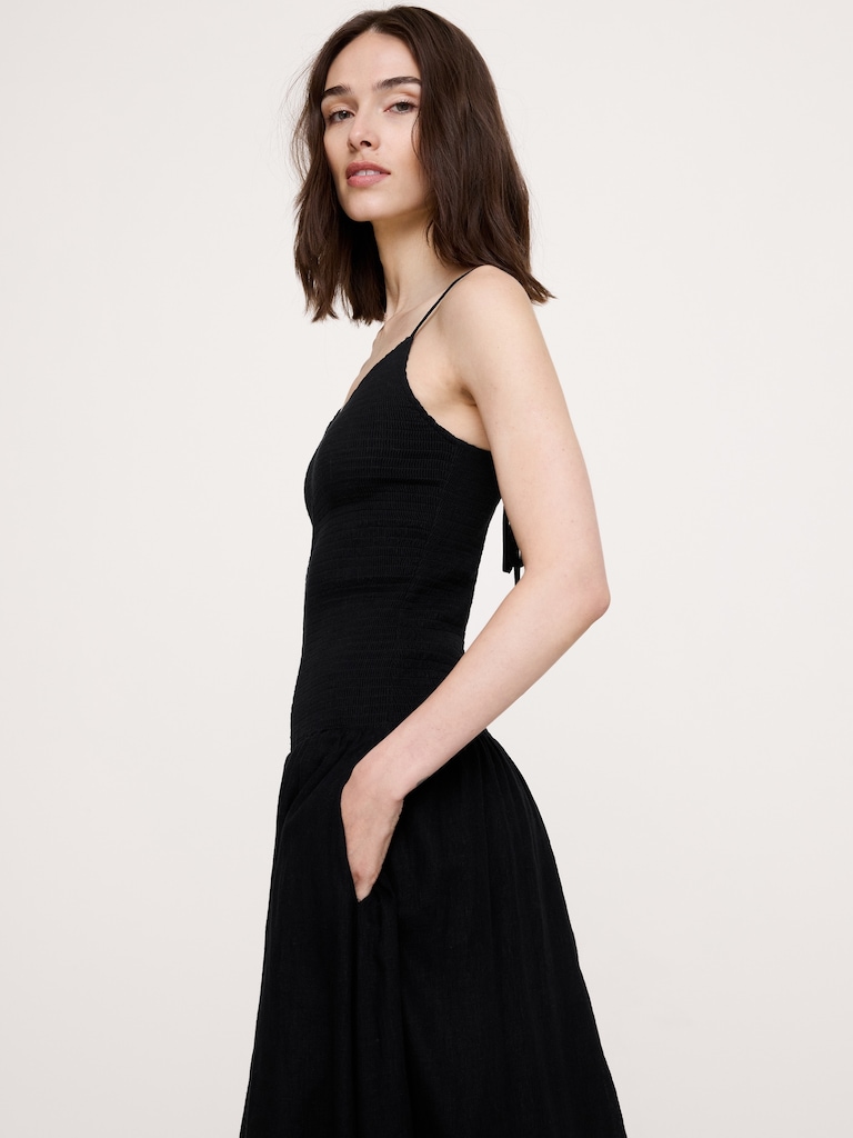 Robe longue en voile de lin et coton à smocks