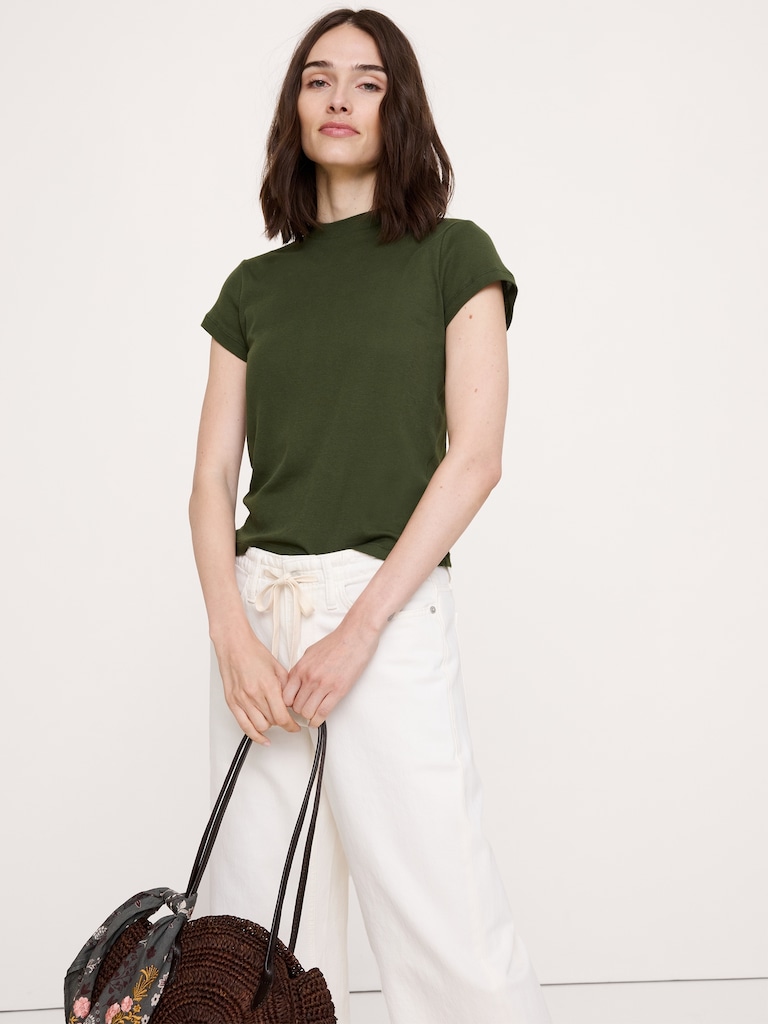 Airy Cotton Mock-Neck T-Shirt