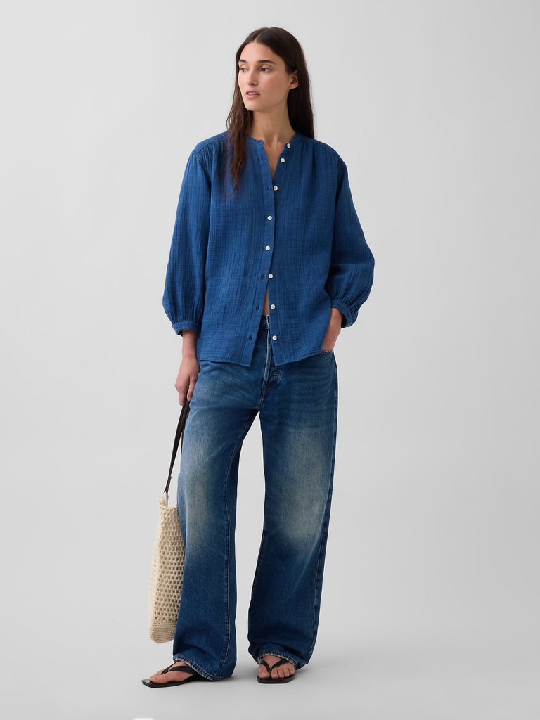 Cotton Gauze Denim Oversized Collarless Shirt