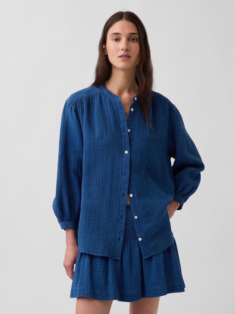 Cotton Gauze Denim Oversized Collarless Shirt