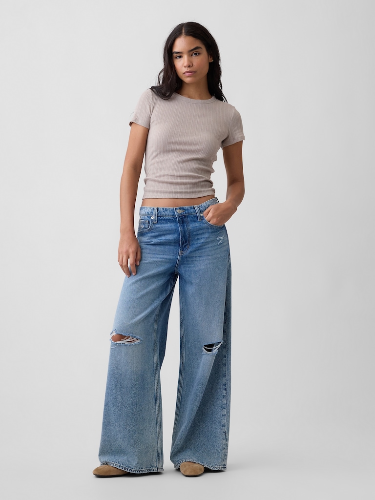 Ribbed Pointelle Crewneck T-Shirt