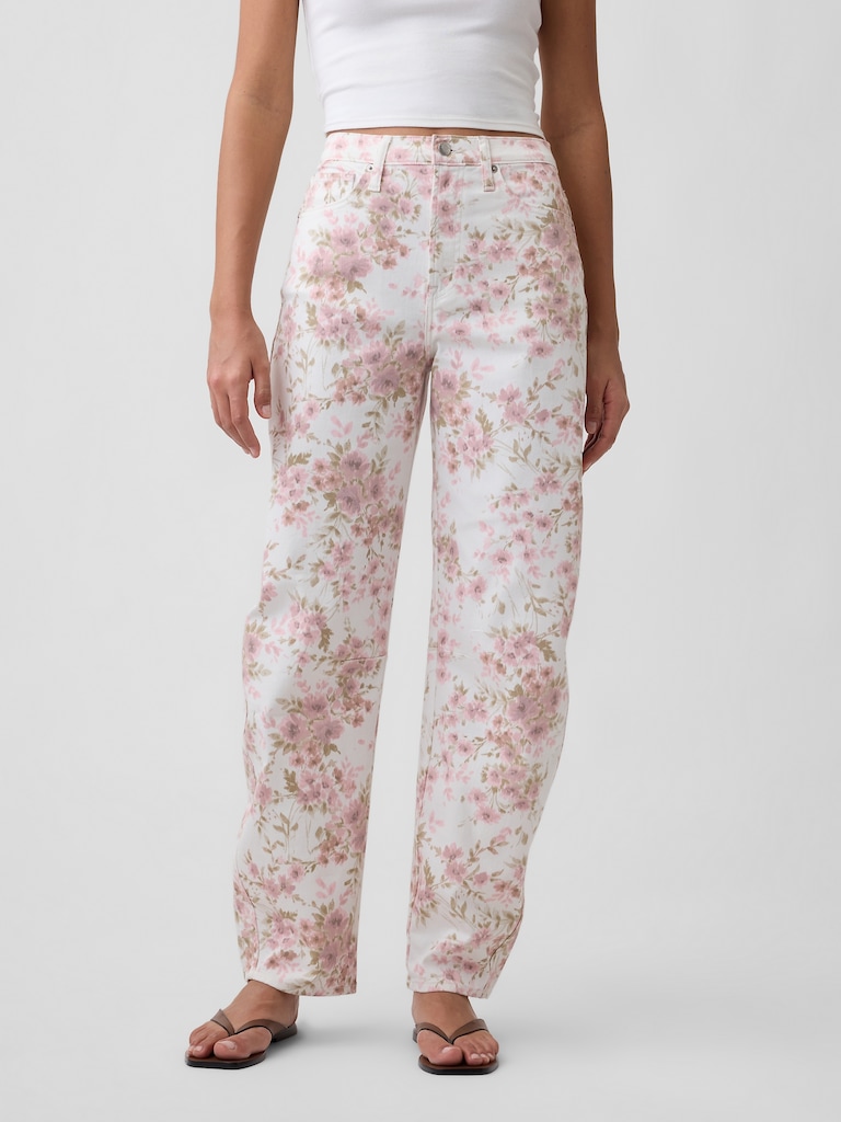 High Rise Print Barrel Jeans