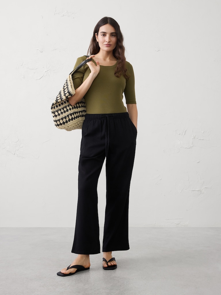 Ribbed Elbow-Sleeve T-Shirt