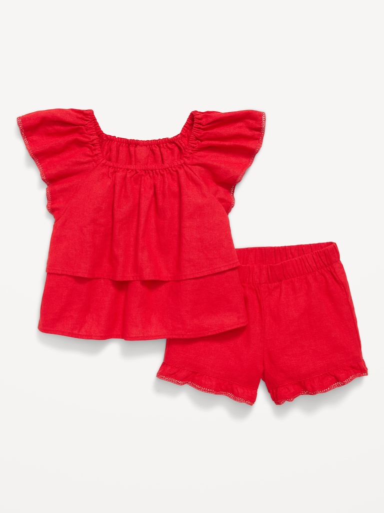Short-Sleeve Ruffled Linen-Blend Top and Shorts Set for Toddler Girls