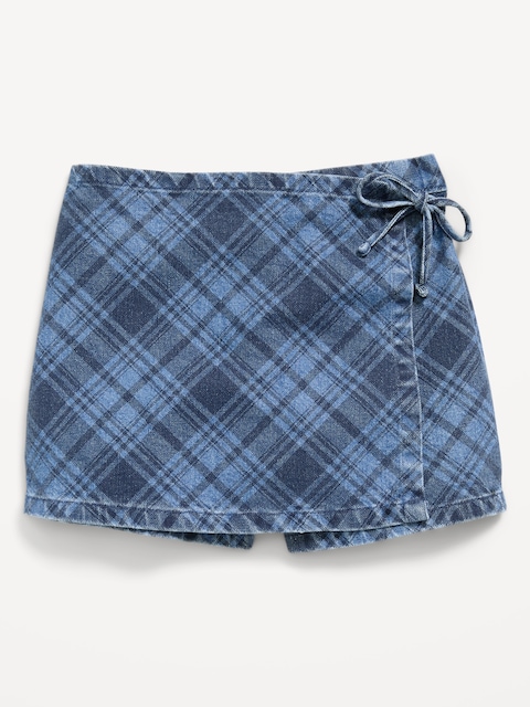 Wrap-Front Plaid Denim Skort for Girls