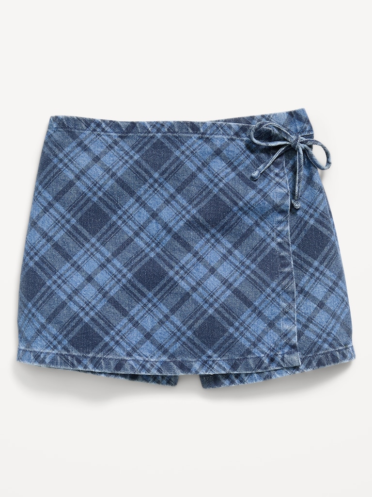 Wrap-Front Plaid Denim Skort for Girls