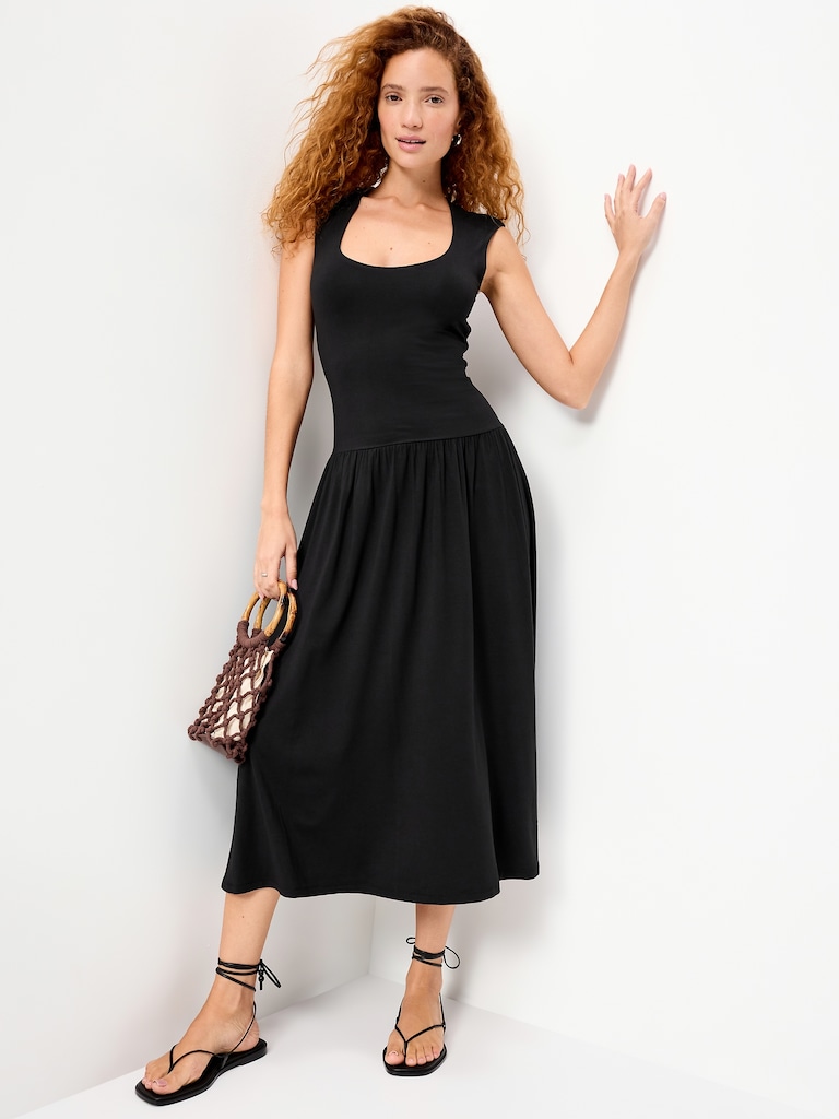 Jersey Knit Drop-Waist Midi Dress