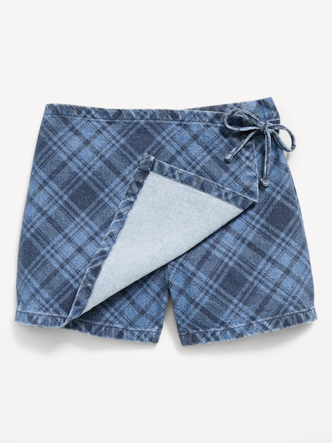 Wrap-Front Plaid Denim Skort for Girls