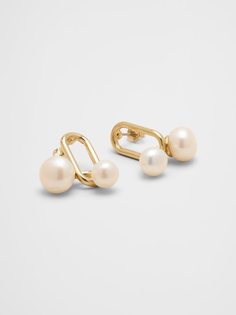 Oval Metal Pearl Drop Earrings