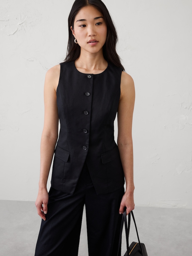 Linen-Blend Long Cutaway Vest