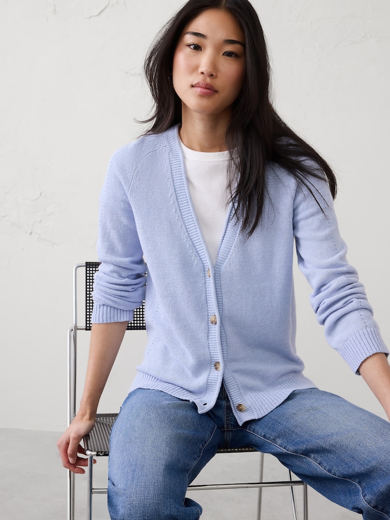 Ramie-Cotton V-Neck Cardigan Sweater