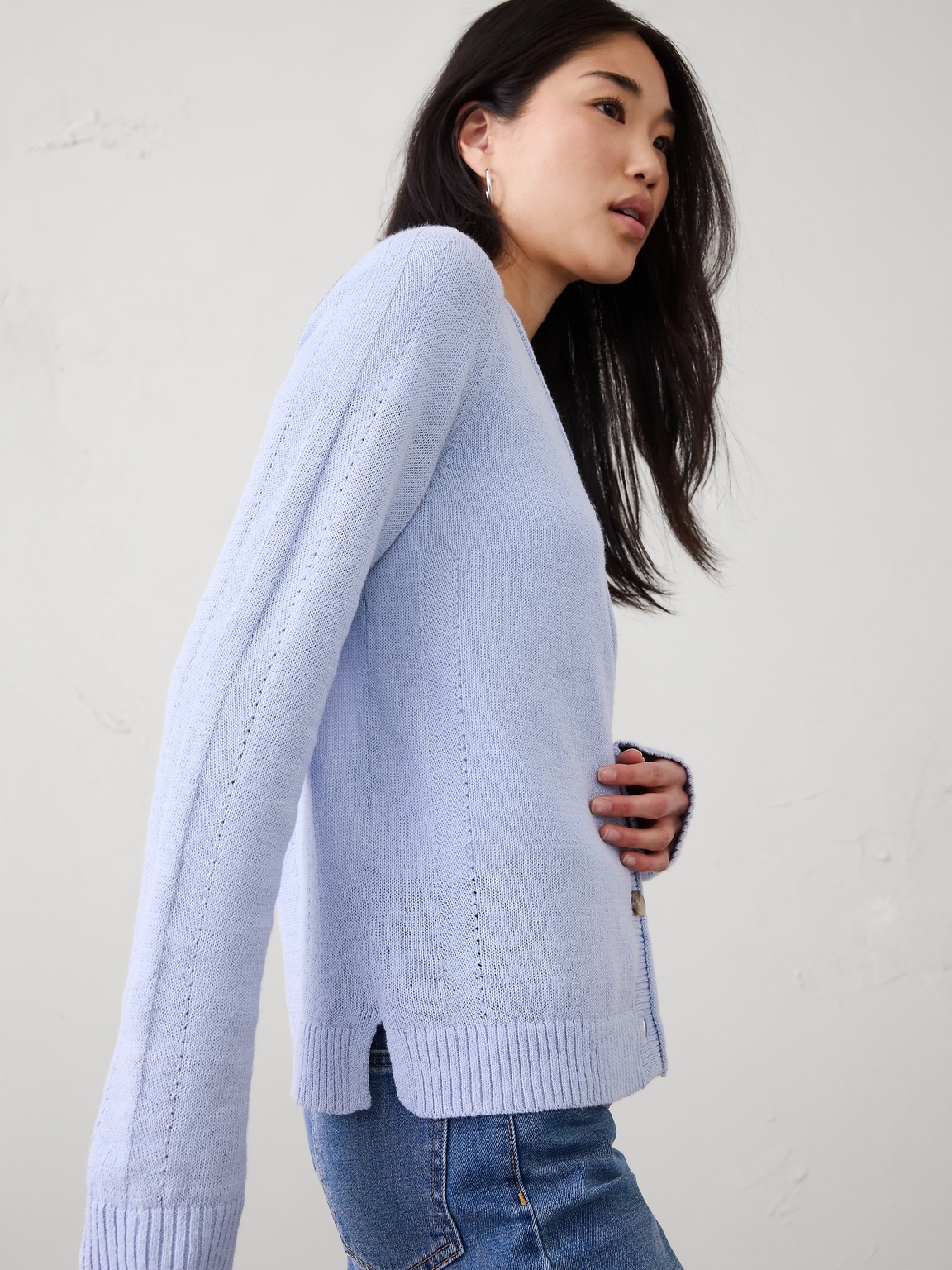 Ramie-Cotton V-Neck Cardigan Sweater