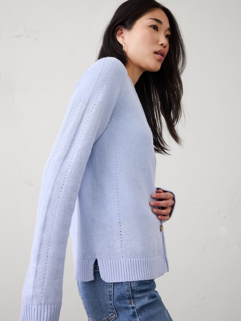 Ramie-Cotton V-Neck Cardigan Sweater