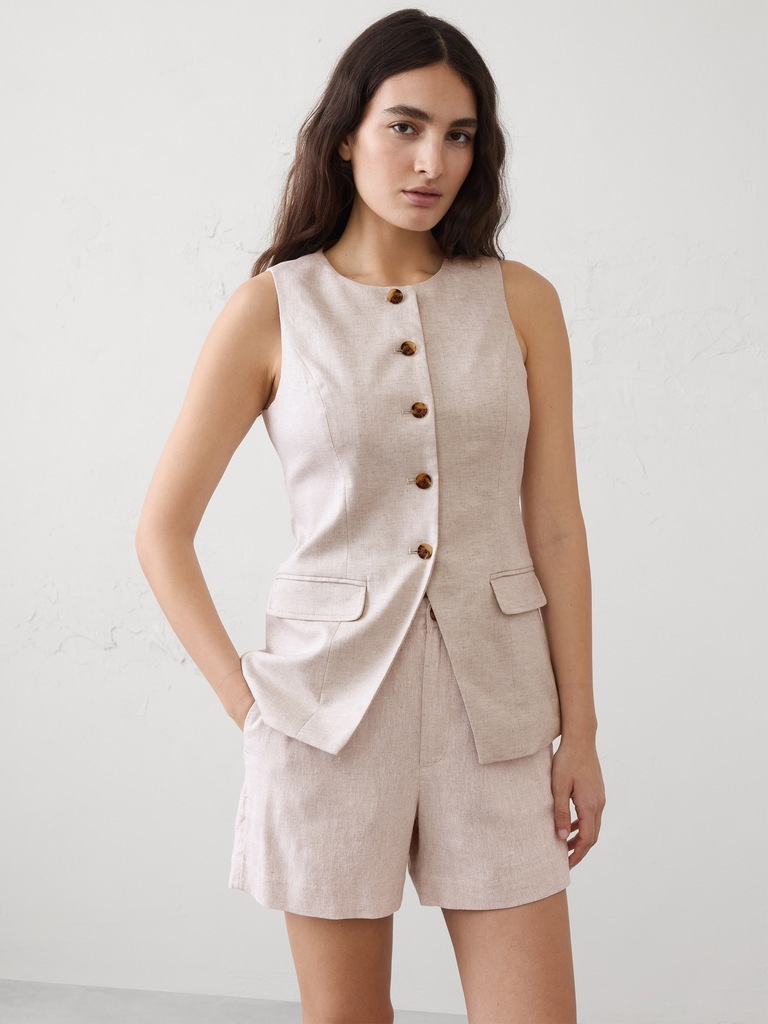 Linen-Blend Long Cutaway Vest