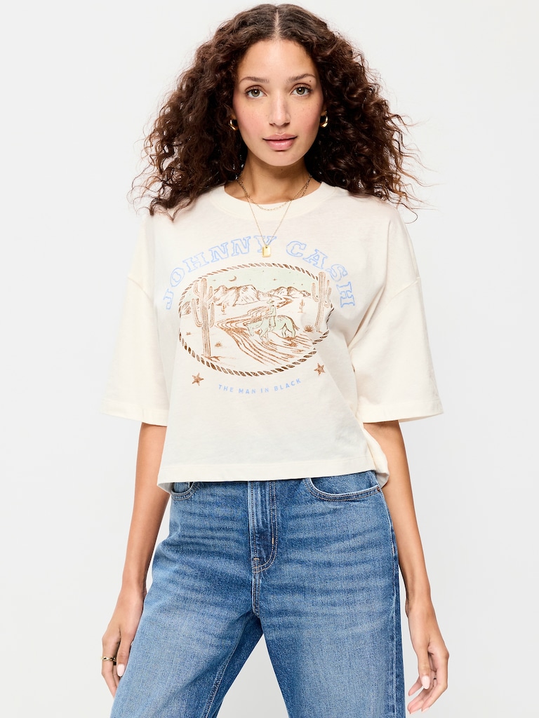 Crew-Neck Oversized Crop Graphic T-Shirt