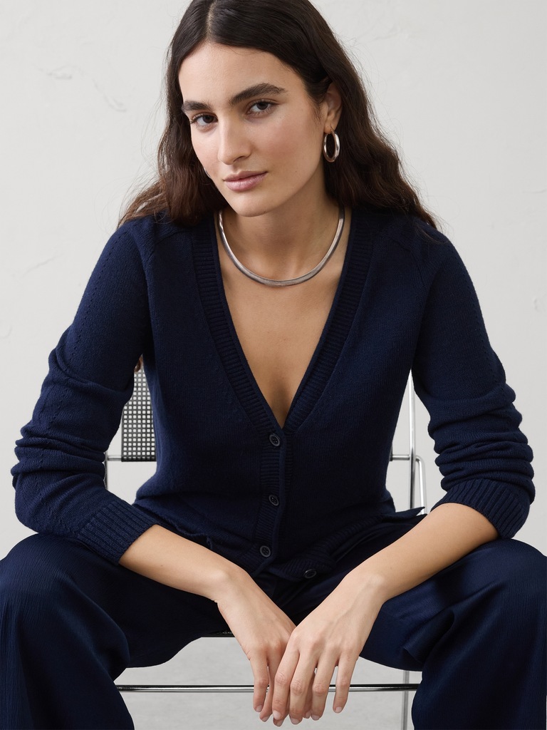 Ramie-Cotton V-Neck Cardigan Sweater