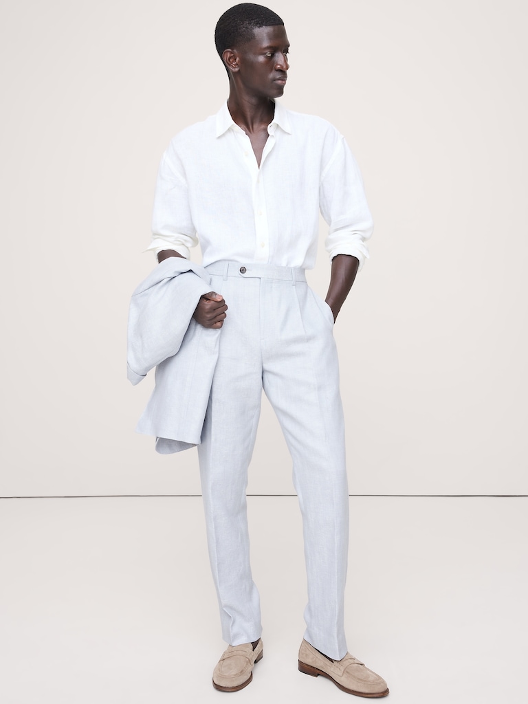 Pantalon de complet en lin et laine mérinos à motif de chevrons, coupe étroite cintrée