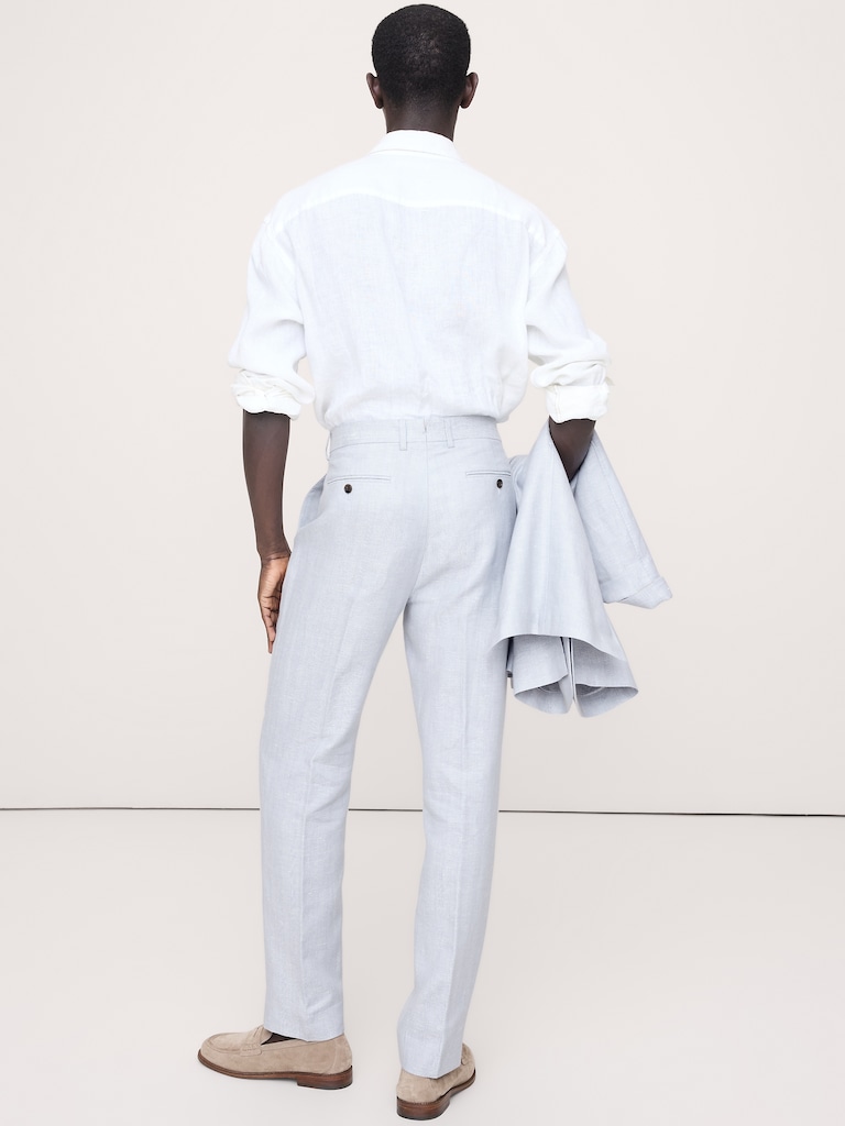 Pantalon de complet en lin et laine mérinos à motif de chevrons, coupe étroite cintrée