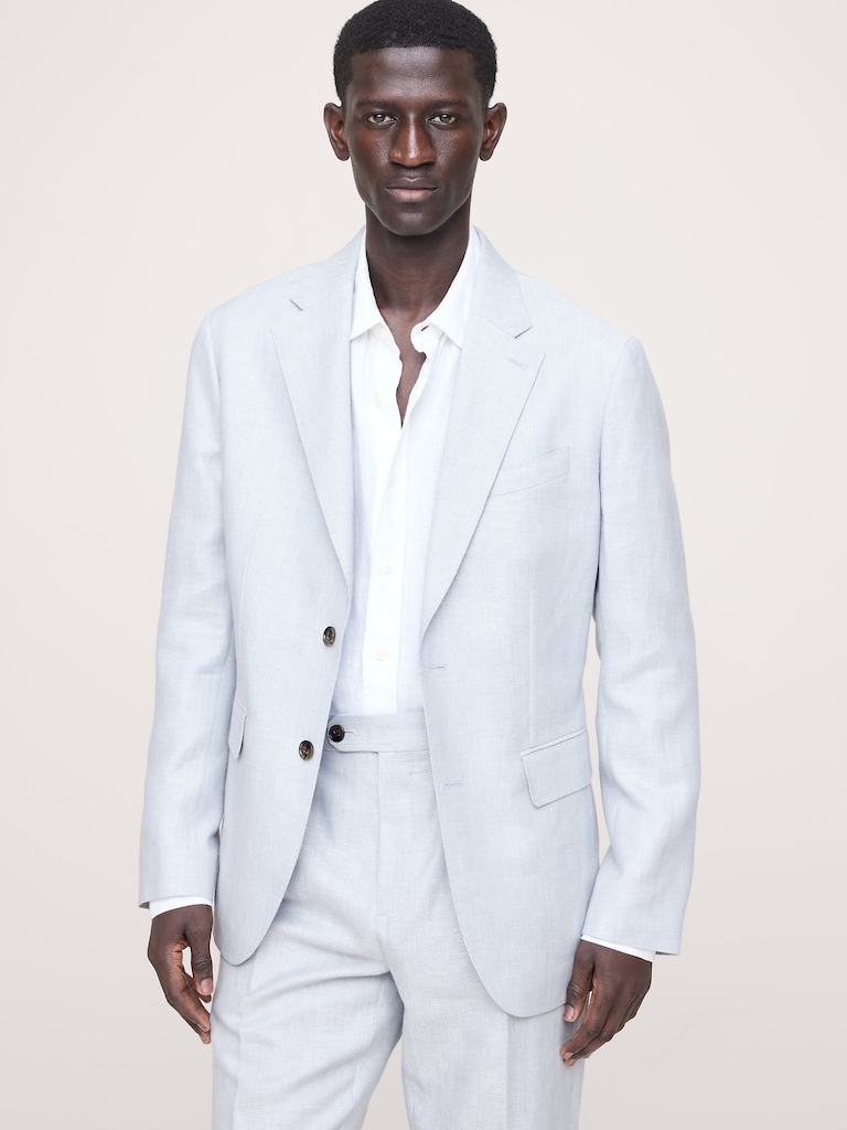 Veste de complet en lin et laine mérinos à motif de chevrons à coupe ajustée cintrée