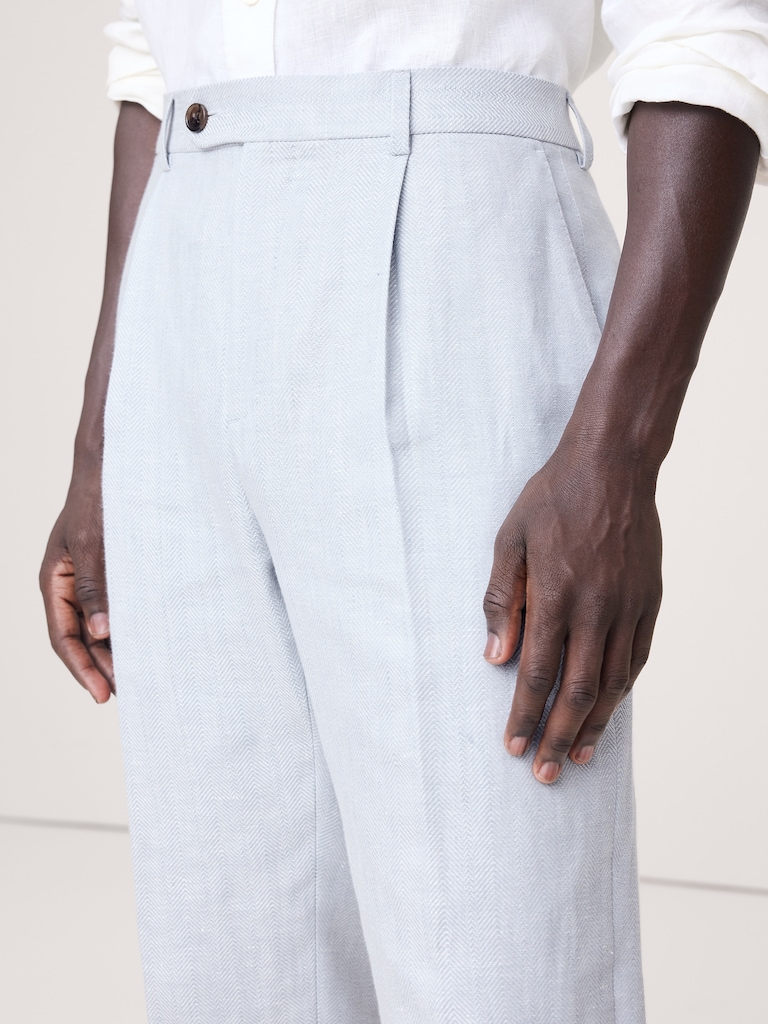 Pantalon de complet en lin et laine mérinos à motif de chevrons, coupe étroite cintrée