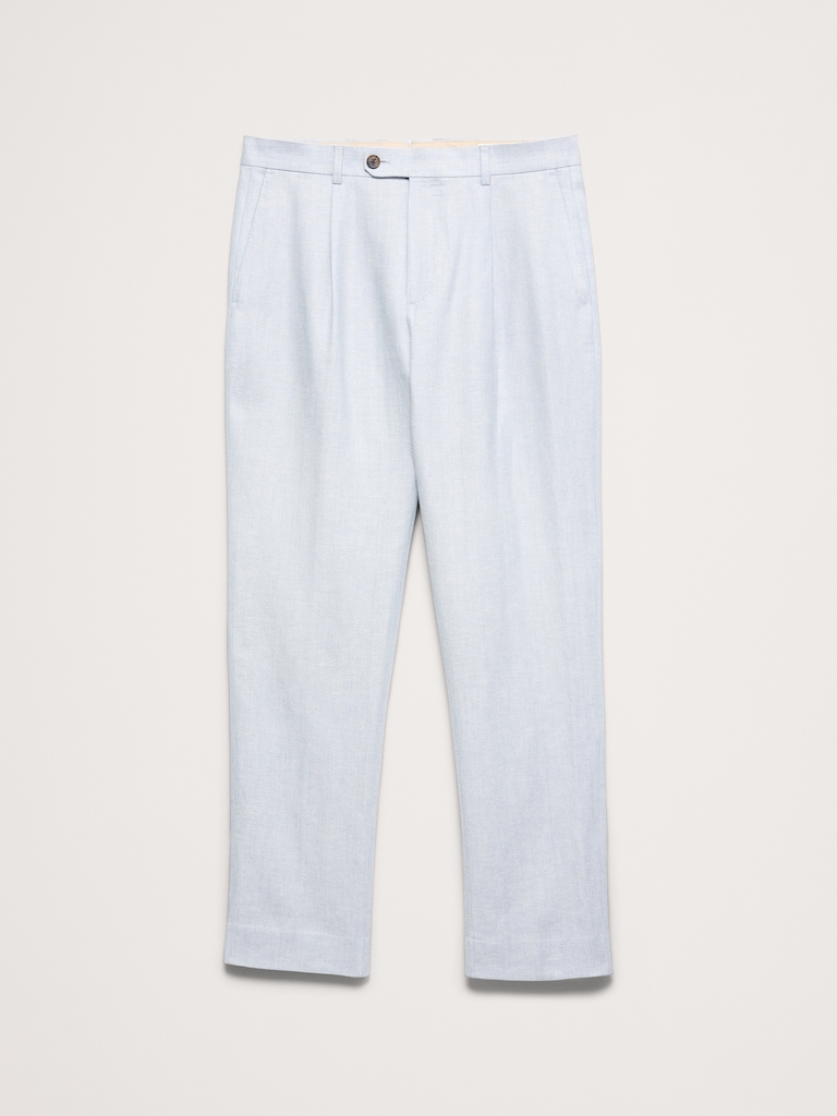 Pantalon de complet en lin et laine mérinos à motif de chevrons, coupe étroite cintrée