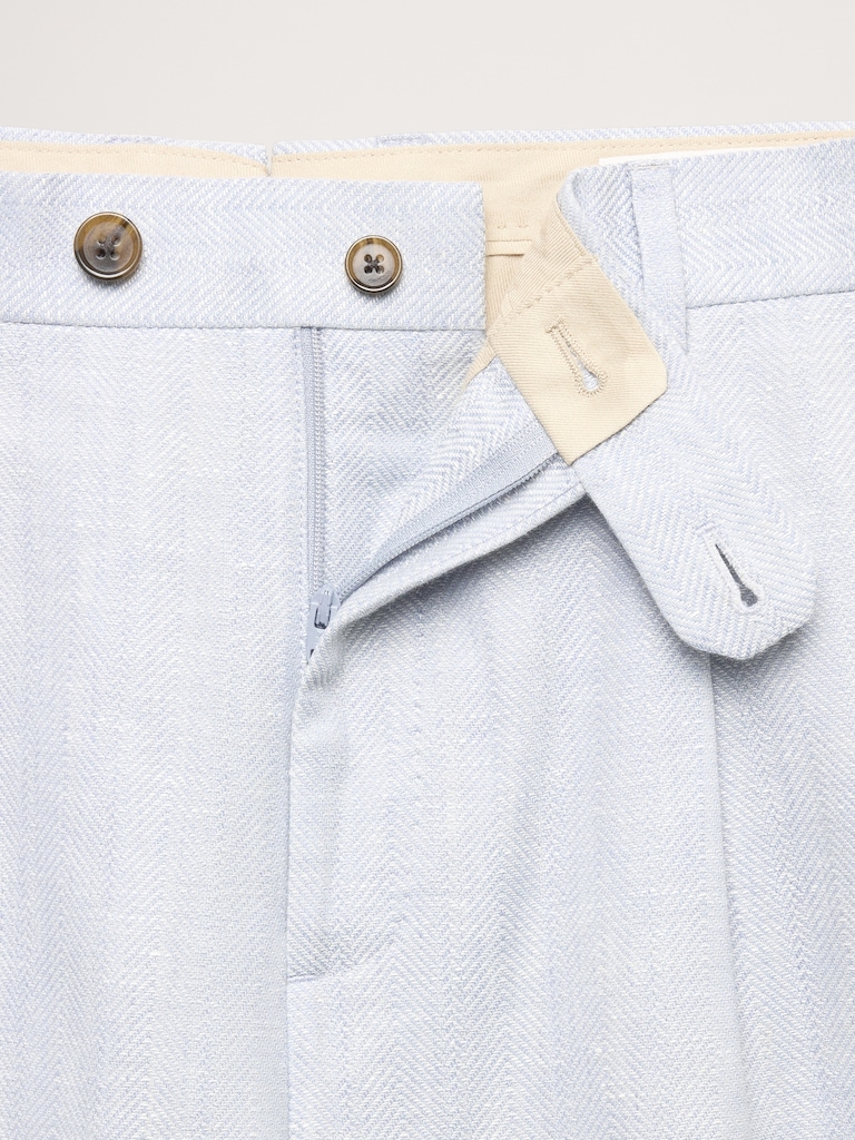 Pantalon de complet en lin et laine mérinos à motif de chevrons, coupe étroite cintrée