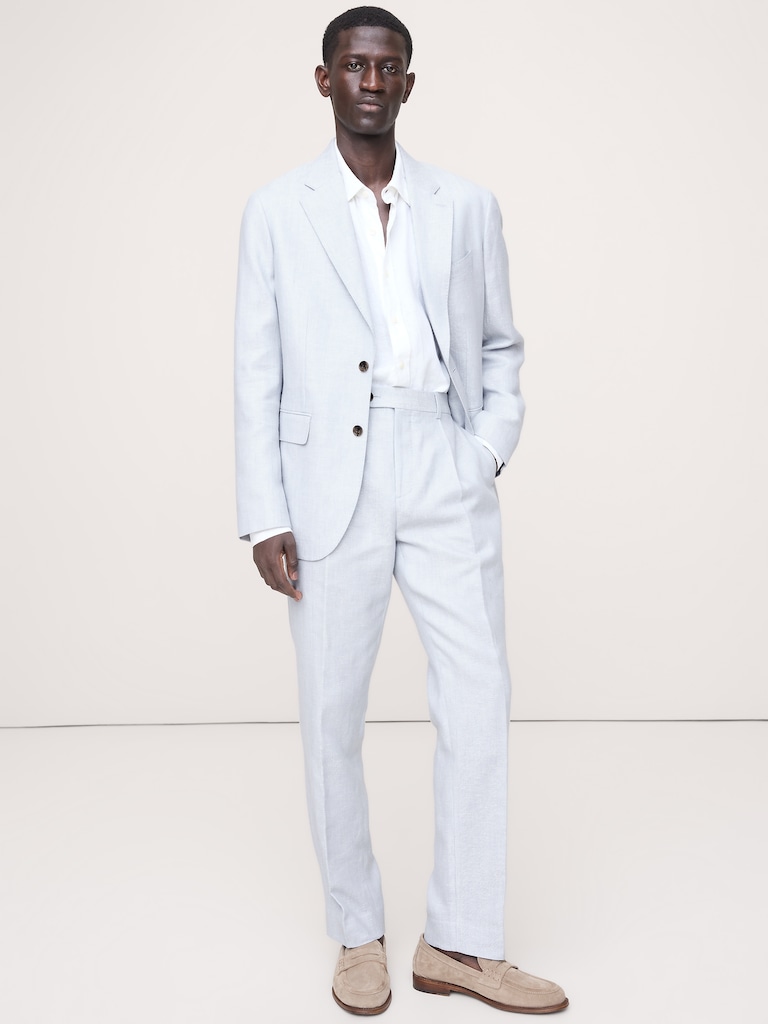 Pantalon de complet en lin et laine mérinos à motif de chevrons, coupe étroite cintrée