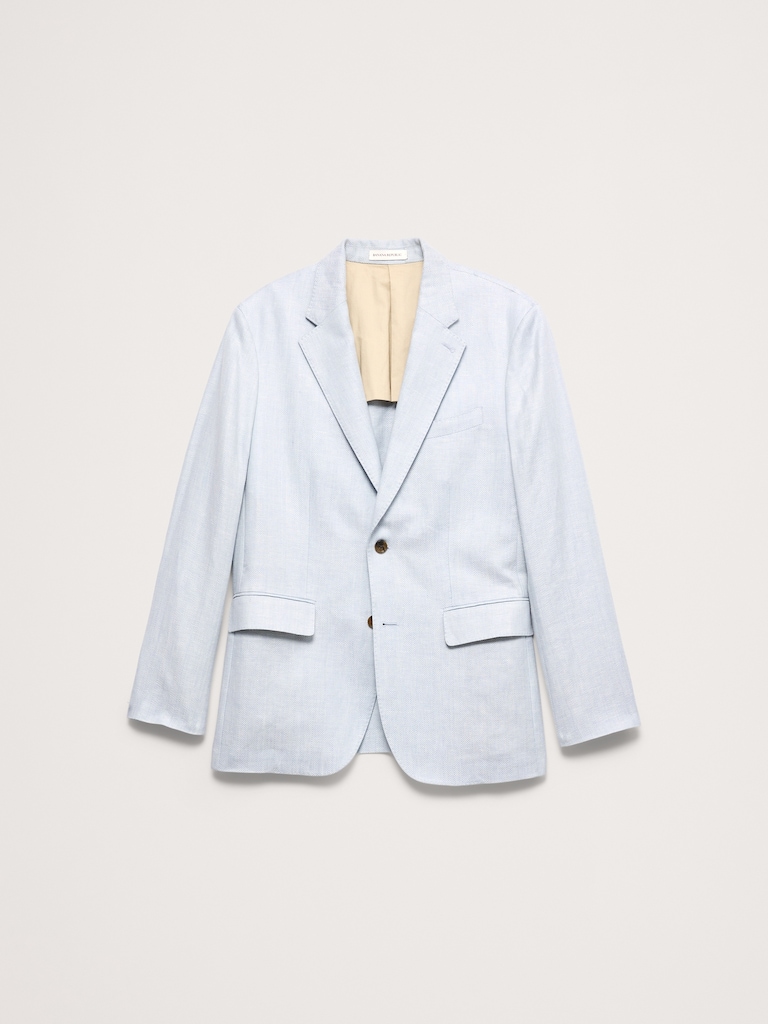 Veste de complet en lin et laine mérinos à motif de chevrons à coupe ajustée cintrée