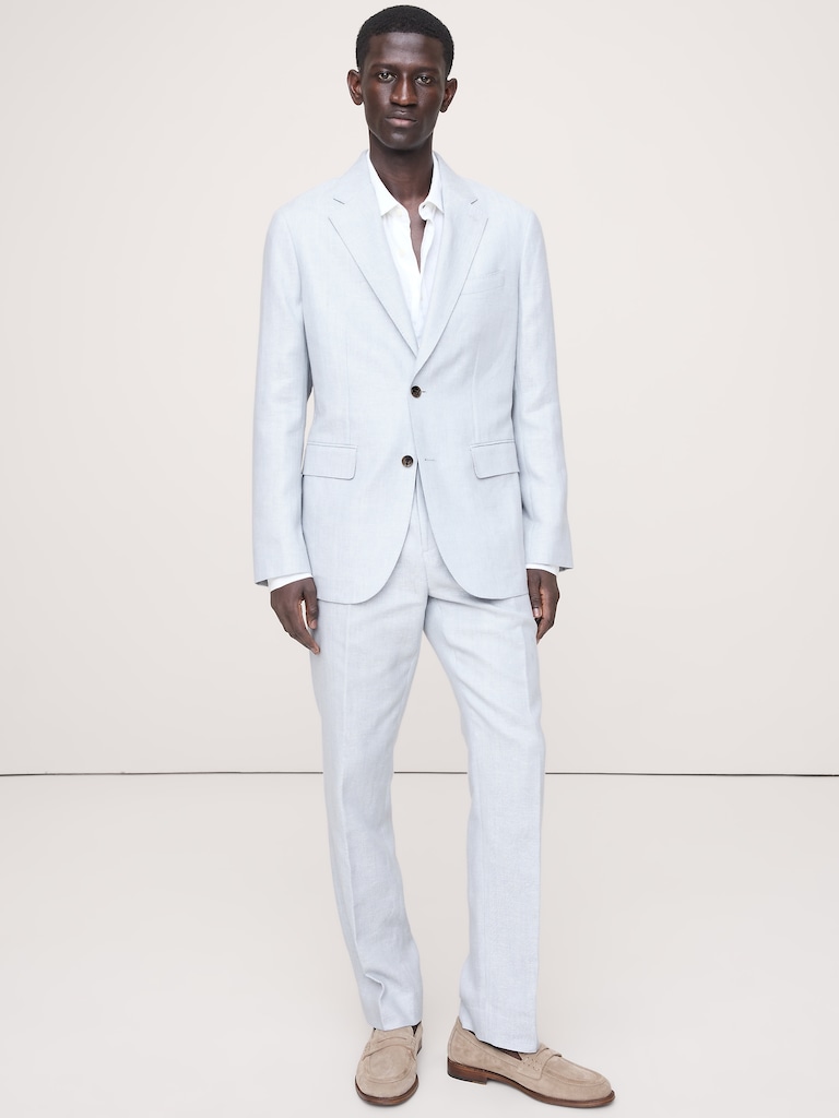 Veste de complet en lin et laine mérinos à motif de chevrons à coupe ajustée cintrée