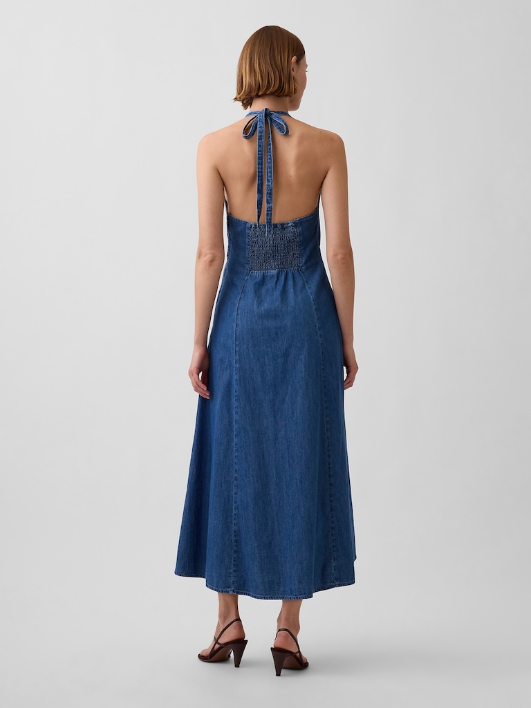 Denim Seamed Halter Maxi Dress