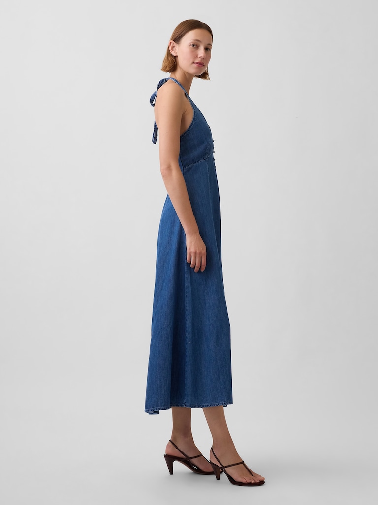 Denim Seamed Halter Maxi Dress