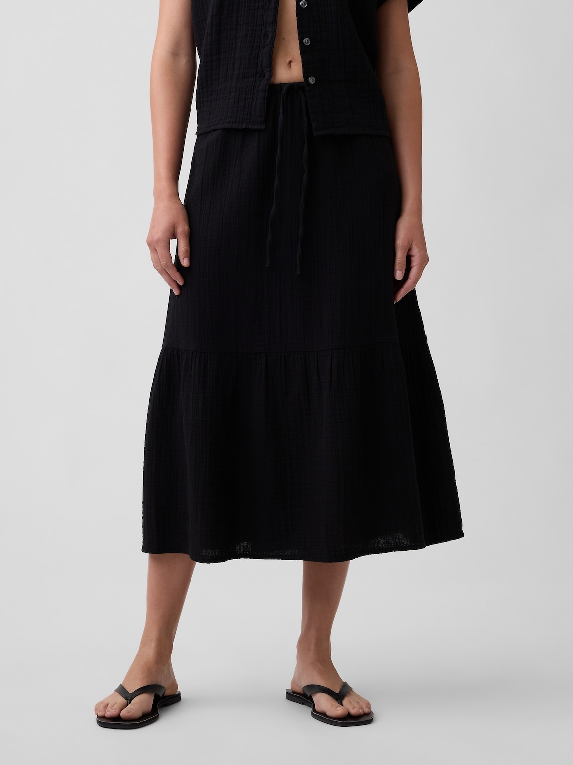 Pull-On Gauze Midi Skirt