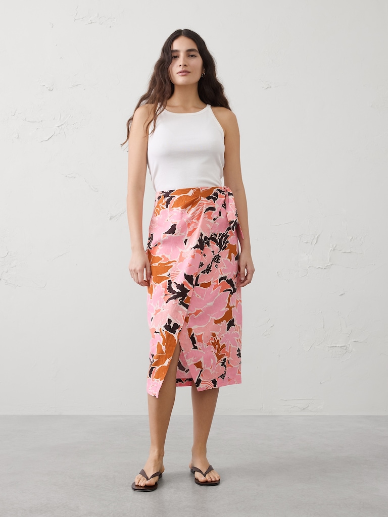 Linen-Blend Faux-Wrap Midi Skirt