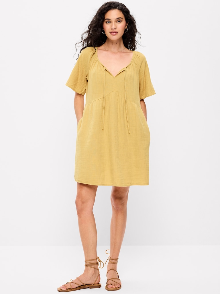 Crinkle Gauze Flutter-Sleeve Mini Swing Dress