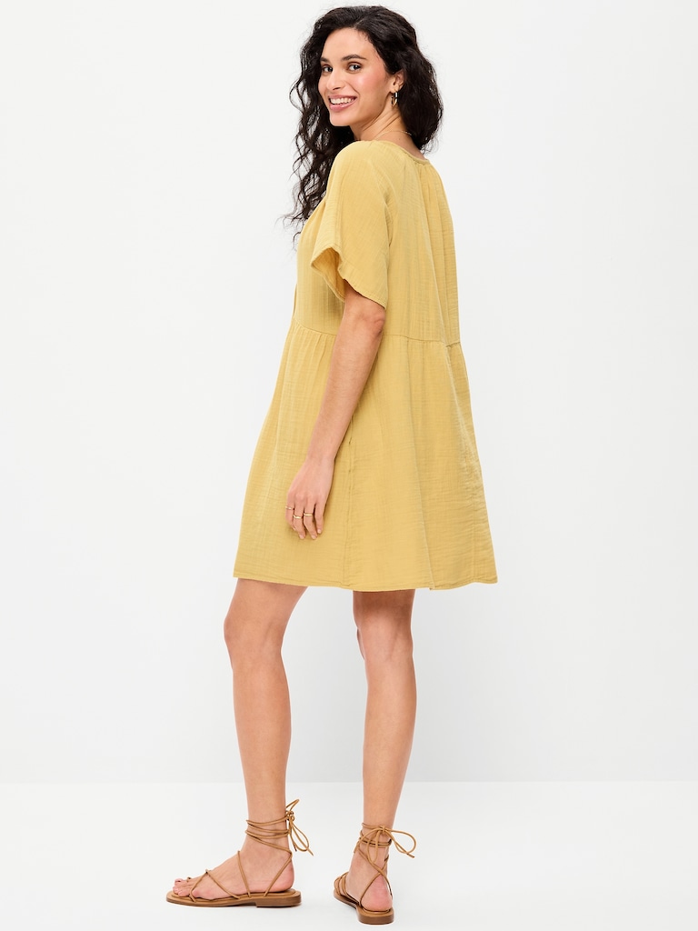 Crinkle Gauze Flutter-Sleeve Mini Swing Dress