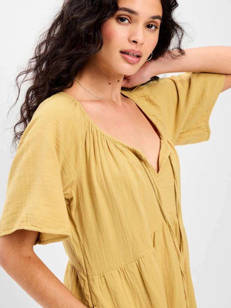 Crinkle Gauze Flutter-Sleeve Mini Swing Dress