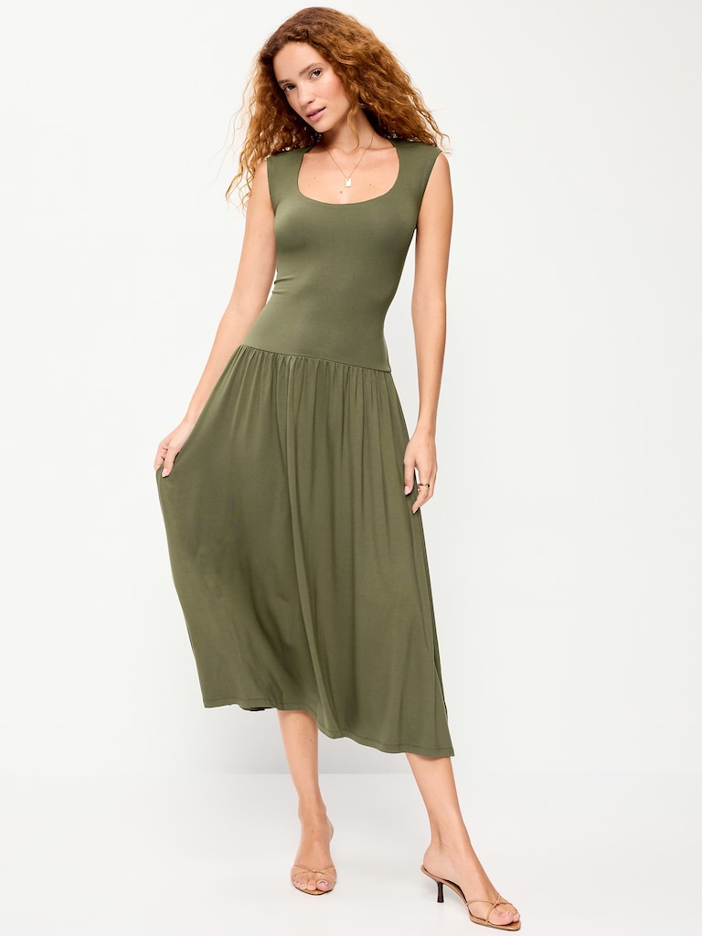 Jersey Knit Drop-Waist Midi Dress